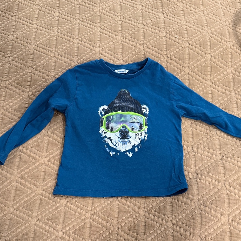 Mayoral Blue Long Sleeve Tee with Bear Design